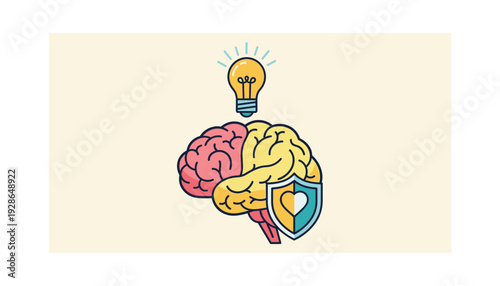 Vibrant brain with shield and lightbulb symbolizing innovative thinking and security