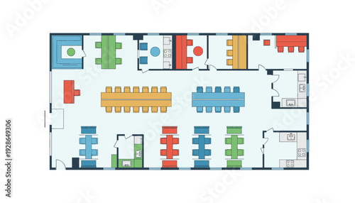 Vibrant office floor plan with colorful meeting rooms and workspaces
