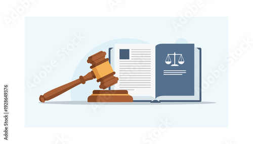 Law book with scales of justice and gavel on desk