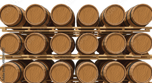 Three rows of wooden barrels with dark metal hoops are stacked on light timber racks against a solid white background in illustration.