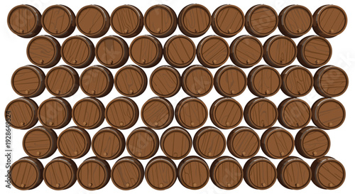 A repetitive pattern of circular wooden barrel ends with visible wood grain and bungs fills the entire horizontal frame in a flat style.