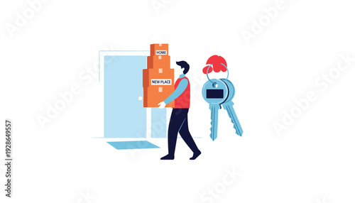 Person moving to new home with boxes and keys