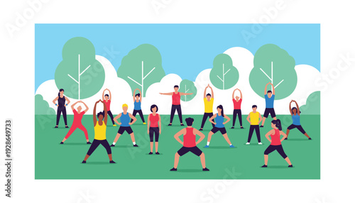 Group fitness class in park with diverse participants exercising