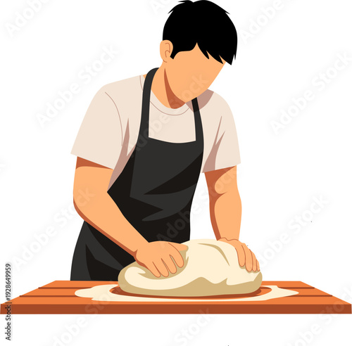 An illustration of a man in an apron expertly kneading dough on a wooden cutting board. This represents baking, cooking, or food preparation in a simple, clean, and modern graphic style.