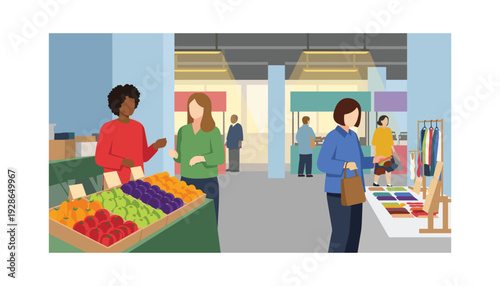 Vibrant market scene with diverse people shopping for fresh produce and colorful goods