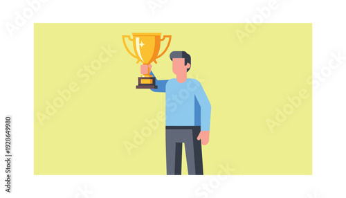 Man holding trophy in victory and celebration