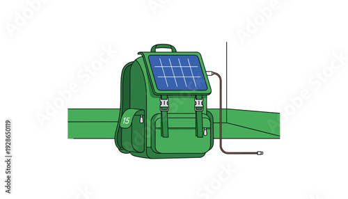 Green solar powered backpack with USB charging cable