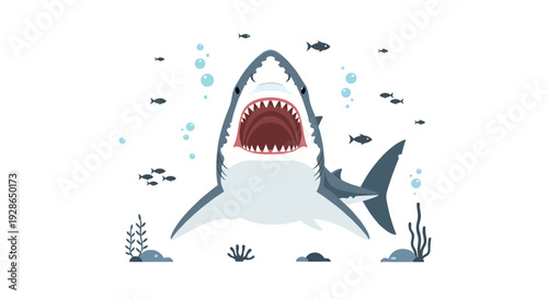 A great white shark swims forward with its mouth wide open showing sharp teeth surrounded by small fish and bubbles in a minimalist underwater scene.
