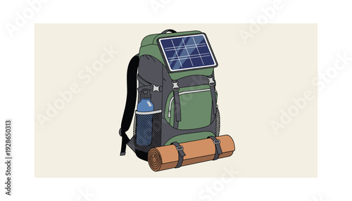 Hiker's eco-friendly backpack with solar panel and gear for outdoor adventure