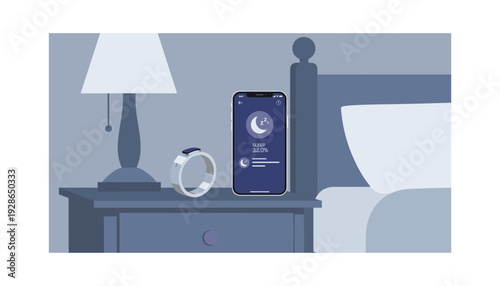 Smart devices tracking sleep patterns on bedside table