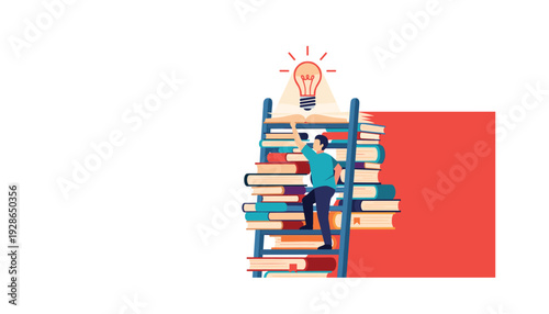 Man climbing book ladder to reach lightbulb idea