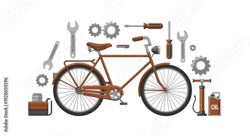 A brown classic bicycle is surrounded by silver wrenches, gears, a manual pump, and an oil can on a white background.