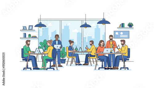 Team of diverse coworkers collaborating in modern office space with laptops