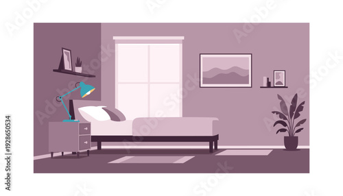 Cozy modern bedroom with purple hues and stylish decor