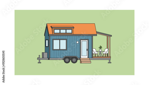 Cozy blue tiny house with orange roof on trailer