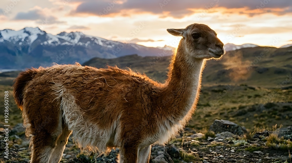 Fototapeta premium Brown llama standing in mountain landscape at golden hour sunset with snow-capped peaks in background. Wildlife photography for nature and travel content.