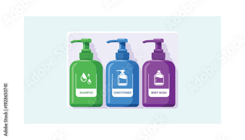 Colorful bottles of shampoo, conditioner, and body wash on display