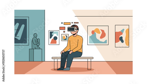 Man experiencing virtual reality in modern art gallery