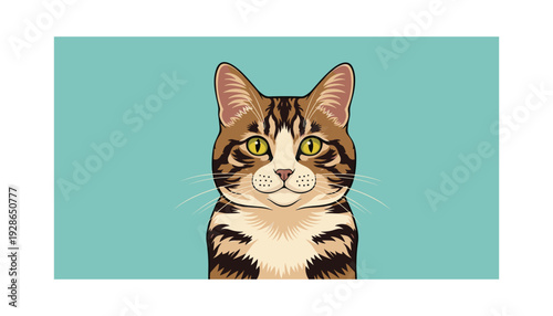 Vibrant tabby cat with striking green eyes against teal background