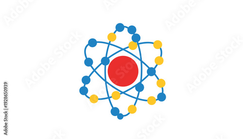 Vibrant atomic structure with blue and yellow electrons orbiting red nucleus