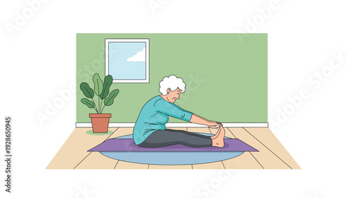 Senior woman stretching on yoga mat at home