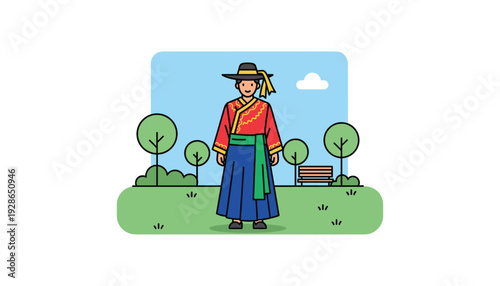 Traditional Asian man in colorful outfit standing in serene park