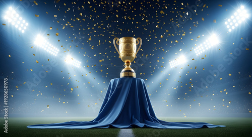Golden trophy unveiled on blue cloth with confetti falling in stadium