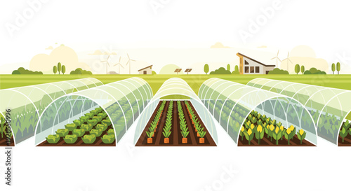 A series of agricultural greenhouse tunnels containing various vegetable crops sit in front of a modern sustainable farm.
