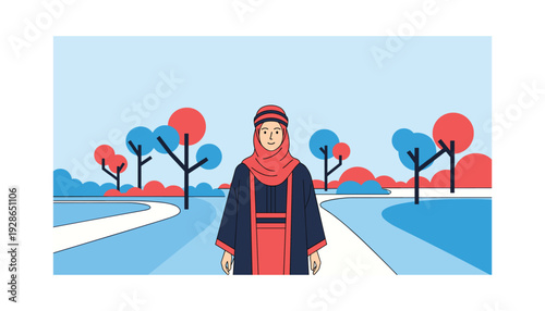 Woman in hijab walking in park with trees