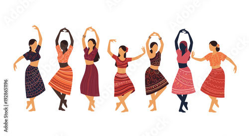 Seven women wearing traditional patterned ethnic clothing perform various dance movements against a white background.