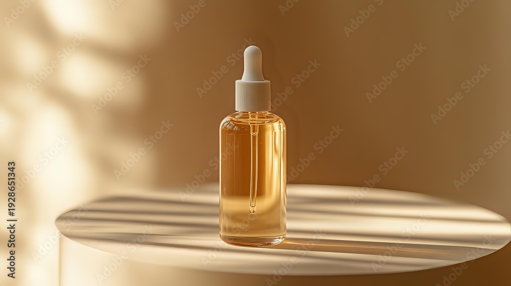 Naklejka premium Luxury golden serum bottle with dropper on marble surface in warm sunlight for skincare and beauty product advertising campaigns.
