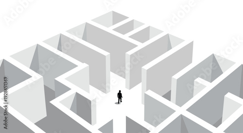 A small black silhouette of a man stands at a central intersection within a complex white maze in an isometric view.