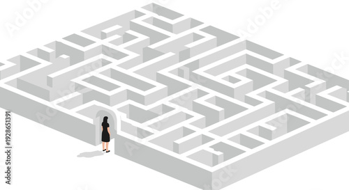 A female silhouette stands at the arched entrance of a large white three-dimensional isometric maze on a white floor.