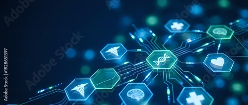 Wallpaper Mural Digital healthcare technology network with glowing medical icons and hexagonal interface elements on dark blue background for modern medicine concepts. Torontodigital.ca