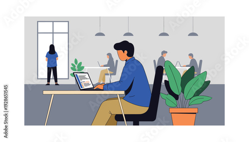 Professionals working in modern office space with coworking area