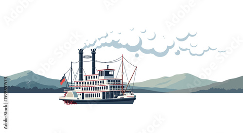 A white and blue paddle steamer travels across a calm lake with a backdrop of distant mountains under a clear sky.