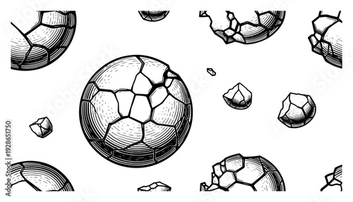 Vintage hand drawn soccer balls shattering into pieces for world cup tournament theme