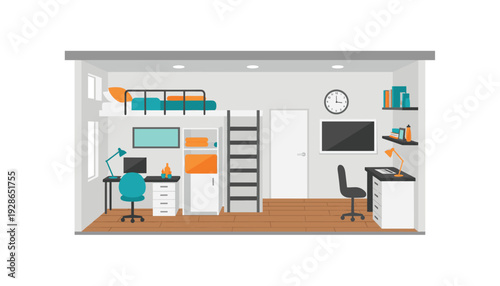 Modern small loft apartment with workspace and bunk bed