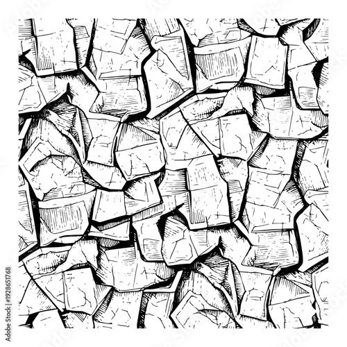Seamless background texture of cracked dry earth or stone pavement in engraving style