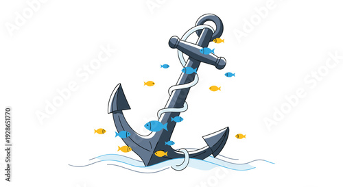 A dark grey nautical anchor with a white rope coiled around it sits on blue waves surrounded by small yellow and blue fish on a white background.