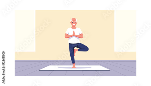 Senior man practicing yoga on mat in serene indoor setting