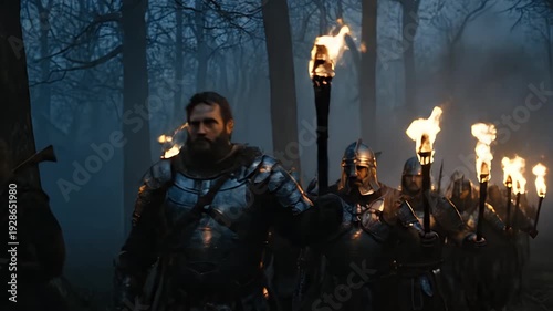 Cinematic Night Scene of Medieval Warriors with Torches in Foggy Forest

