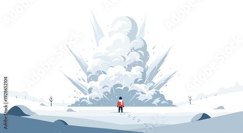 A small person in a red jacket stands on a snowy white field facing a large explosion of white and grey smoke clouds in a minimalist landscape.
