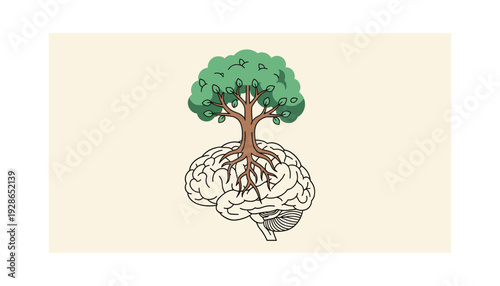 Tree growing out of brain symbolizing growth and knowledge