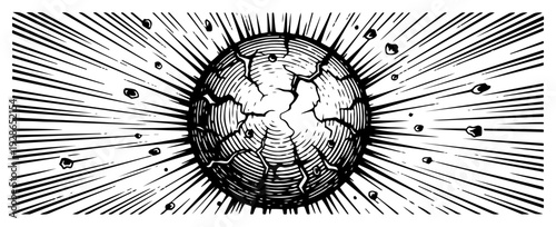 Cracked soccer ball with radial speed lines in a vintage hand drawn engraving style