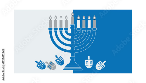 Blue and white Hanukkah symbols with menorah and dreidels