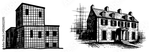 Vintage architectural sketches of traditional American house and modern building facade