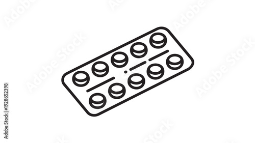 Blister pack of pills in simple line art style with black outline on white background for medical illustration