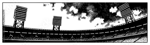 Wide panorama banner of stadium floodlights under a dramatic cloudy sky