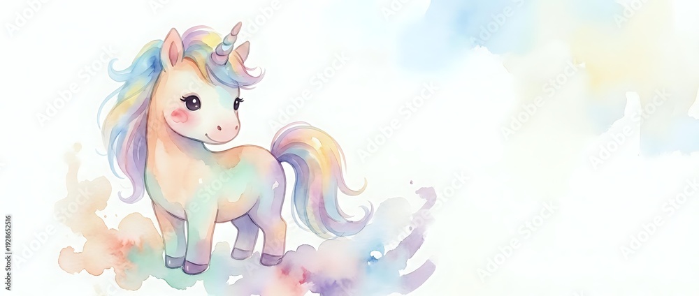Fototapeta premium Adorable pastel unicorn with rainbow mane sitting on fluffy clouds in dreamy watercolor style for children's room decor and fantasy designs.